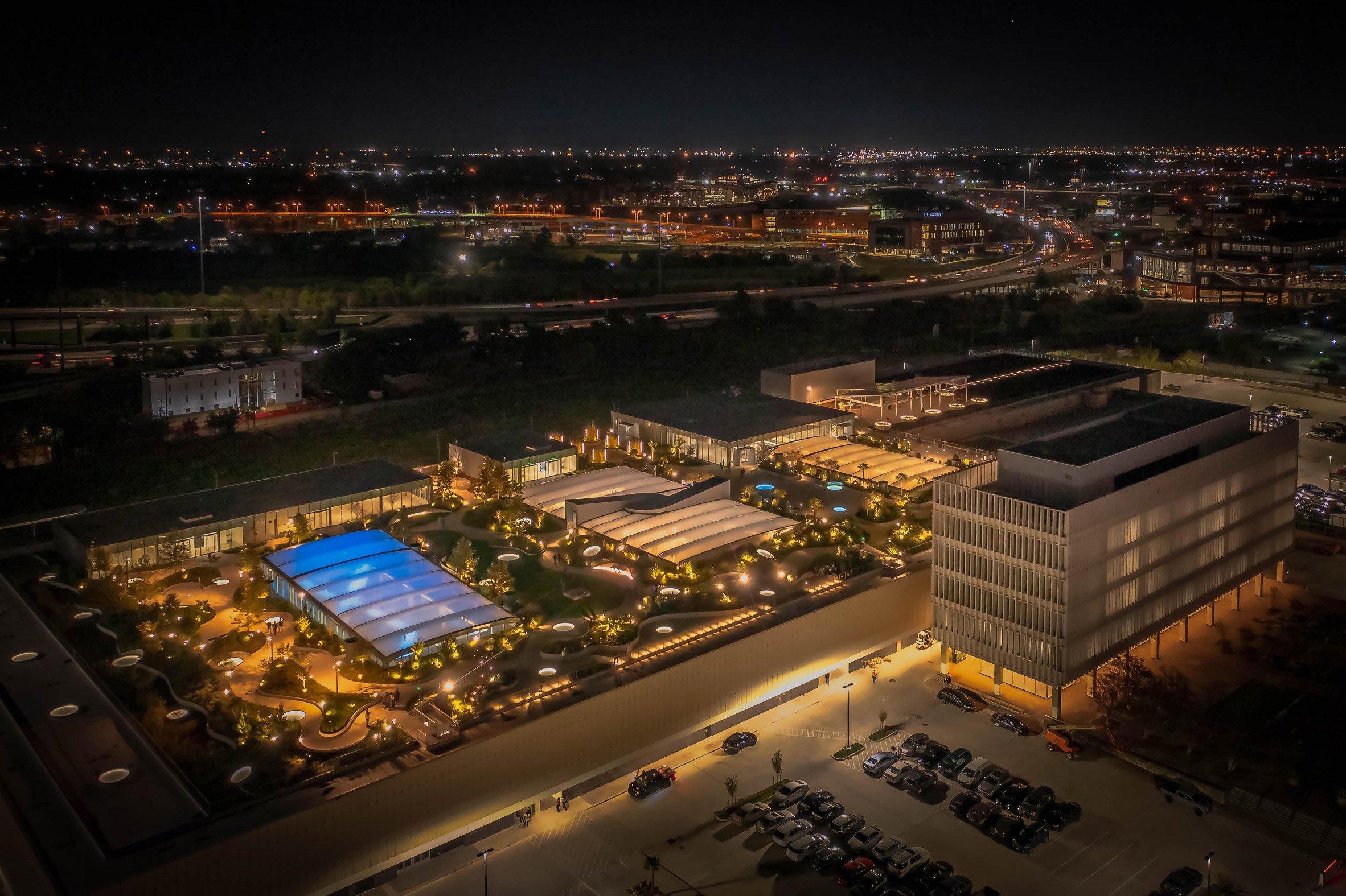 Aerial view of POST Houston at night