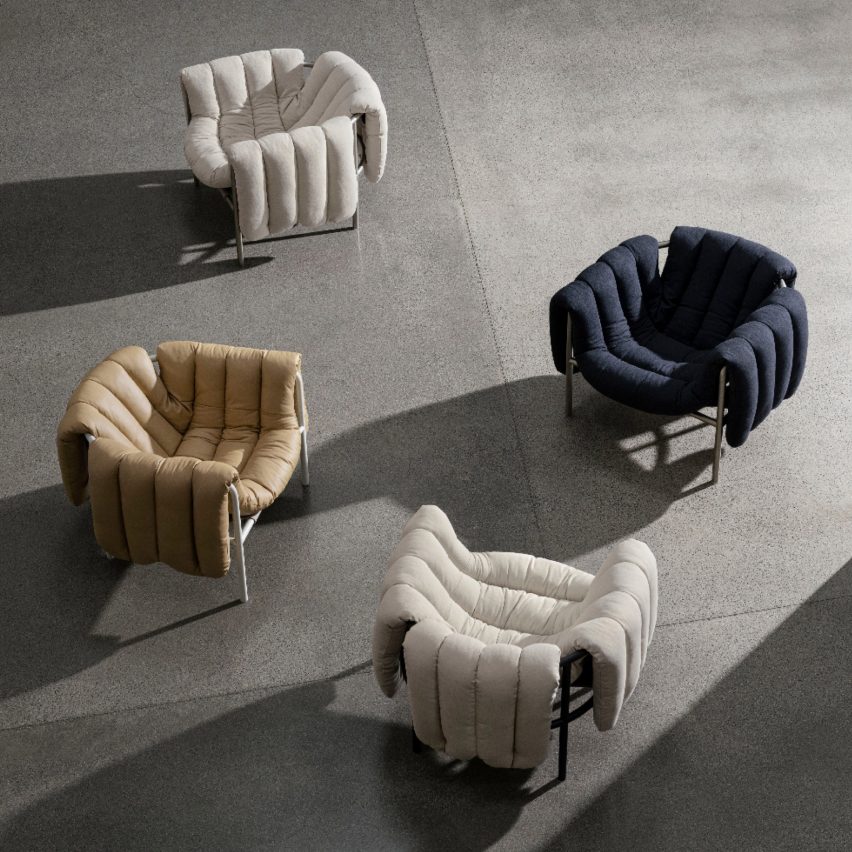 Overhead view of four Puffy Lounge chairs by Faye Toogood for Hem in different colours