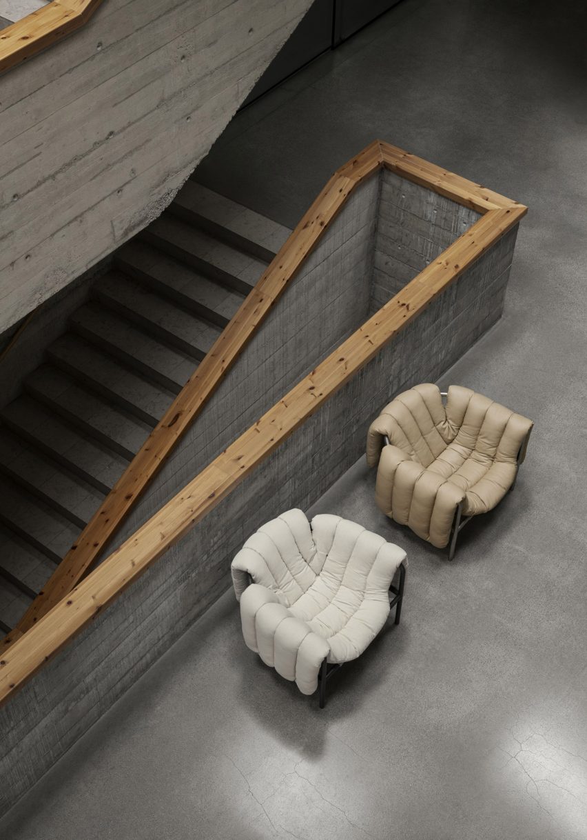 Overhead view of two Puffy Lounge Chairs next to a staircase