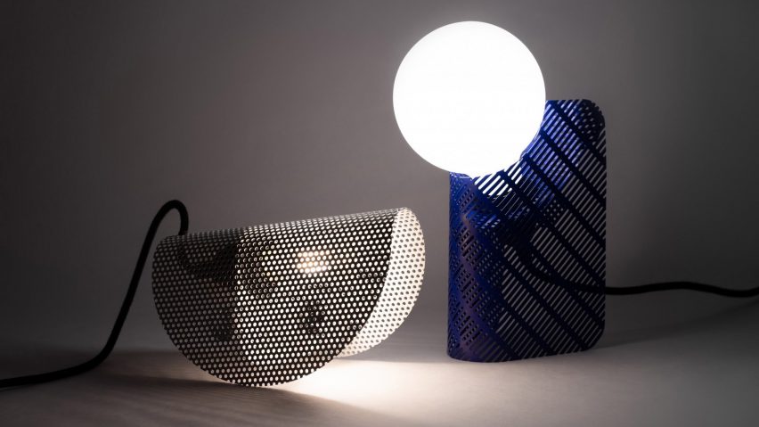 Dot and Slot table lamps in white and blue by GoodWaste for Selfridges