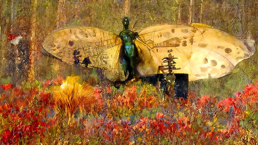 A colourful painting of a fly in a field