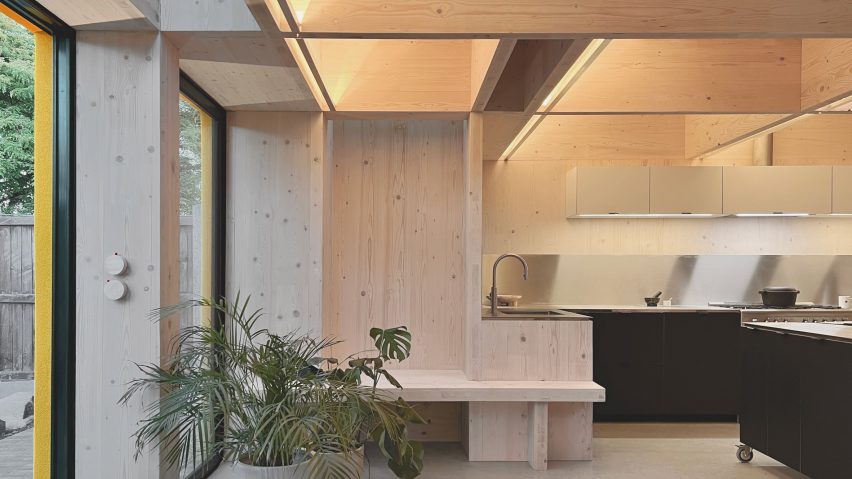 An exposed timber kitchen interior