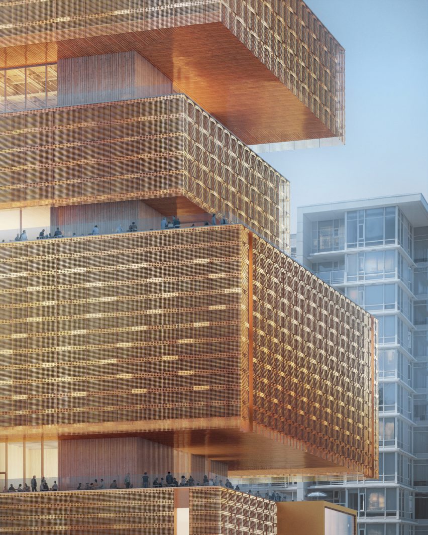 Visualisation of a copper-toned, weave-effect building facade