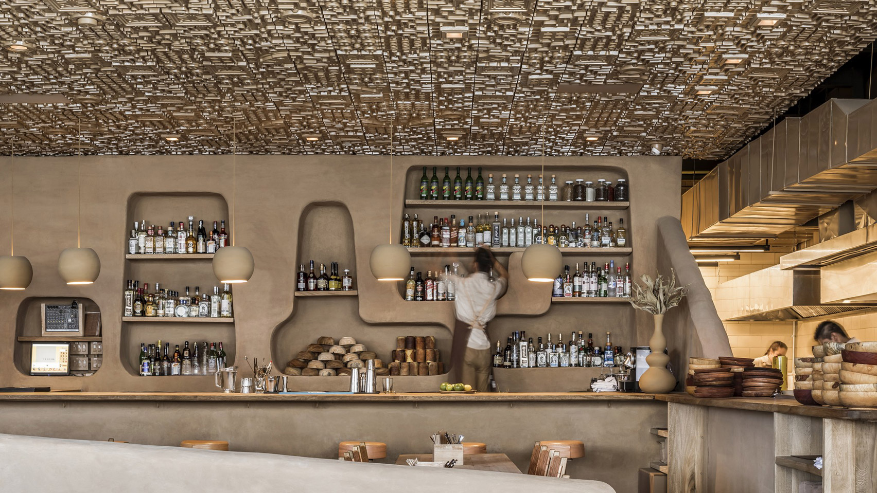 Ceiling inside Guadalajara's Veneno restaurant resembles an archeological site