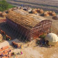 Aerial view of a bamboo pavilion in Makli