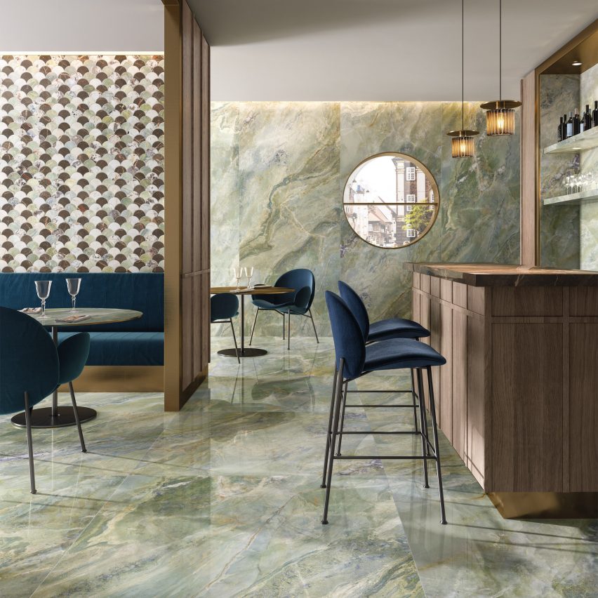 9Cento tiles used on walls and floors in a bar setting