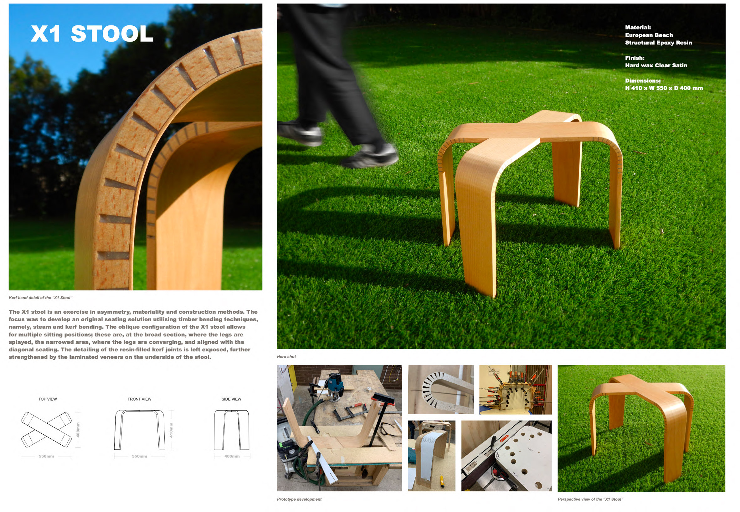 A series of photographs of the X1 stool, which is a pale wooden stool