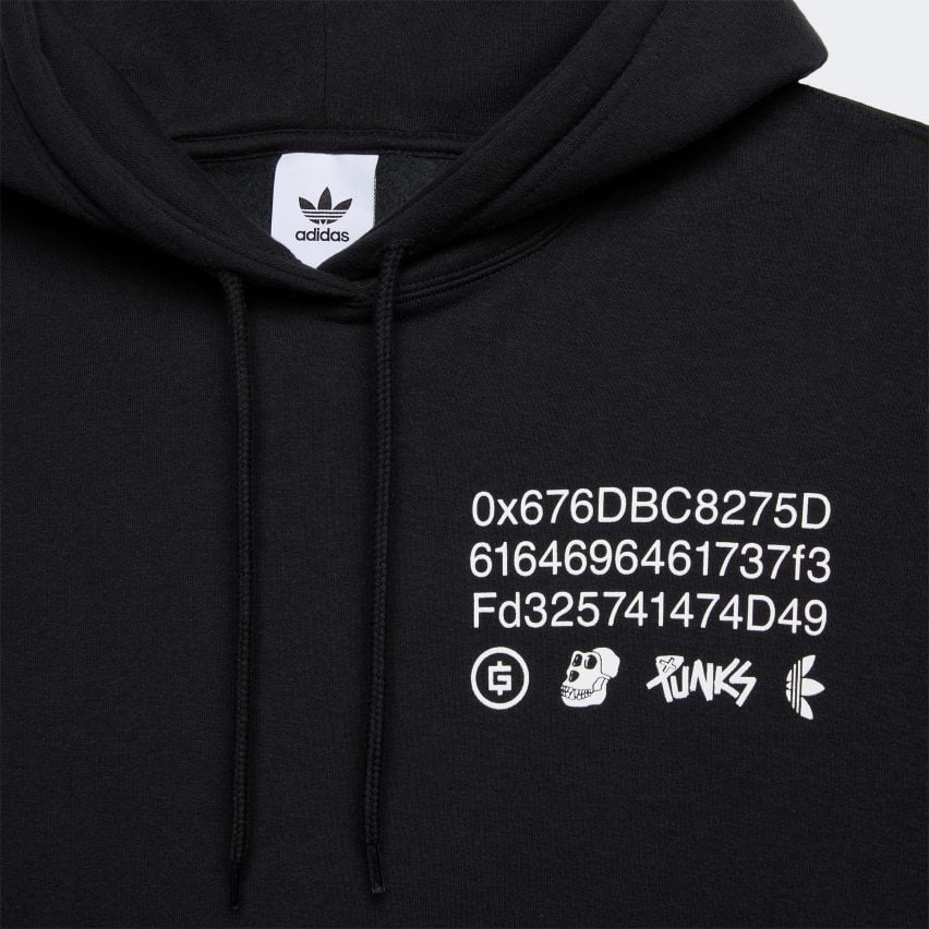 Black Adidas hoodie close-up to print on the chest showing a long string of white numbers and the logos for gmoney, Bored Ape Yacht Club, Punks Comic and Adidas