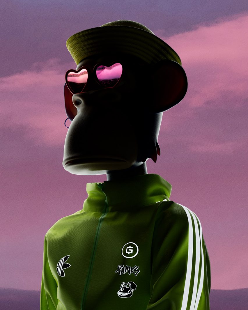 Visualisation of a bored ape wearing pink heart-shaped glasses and a green Adidas sweatshirt