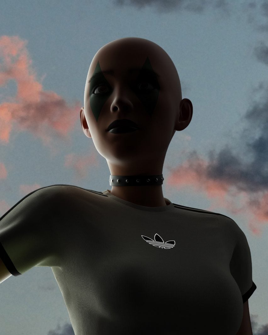 Visualisation of a bald androgynous figure in silhouette wearing an Adidas t-shirt