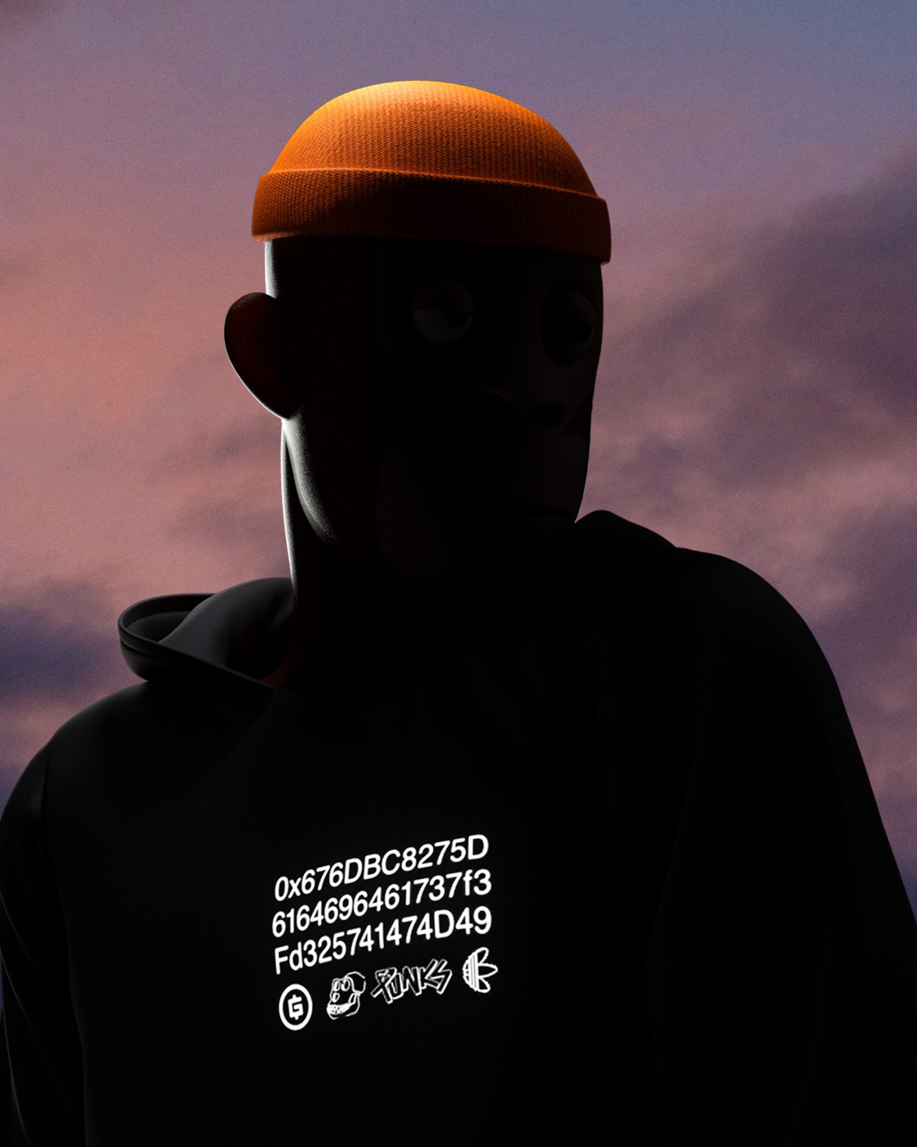 Visualisation of a character in silhouette wearing a bright orange beanie with a white string of numbers on a black sweatshirt