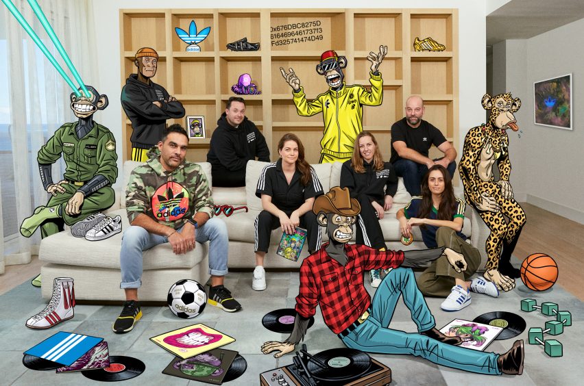The adidas team and Bored Ape Yacht Club on a sofa