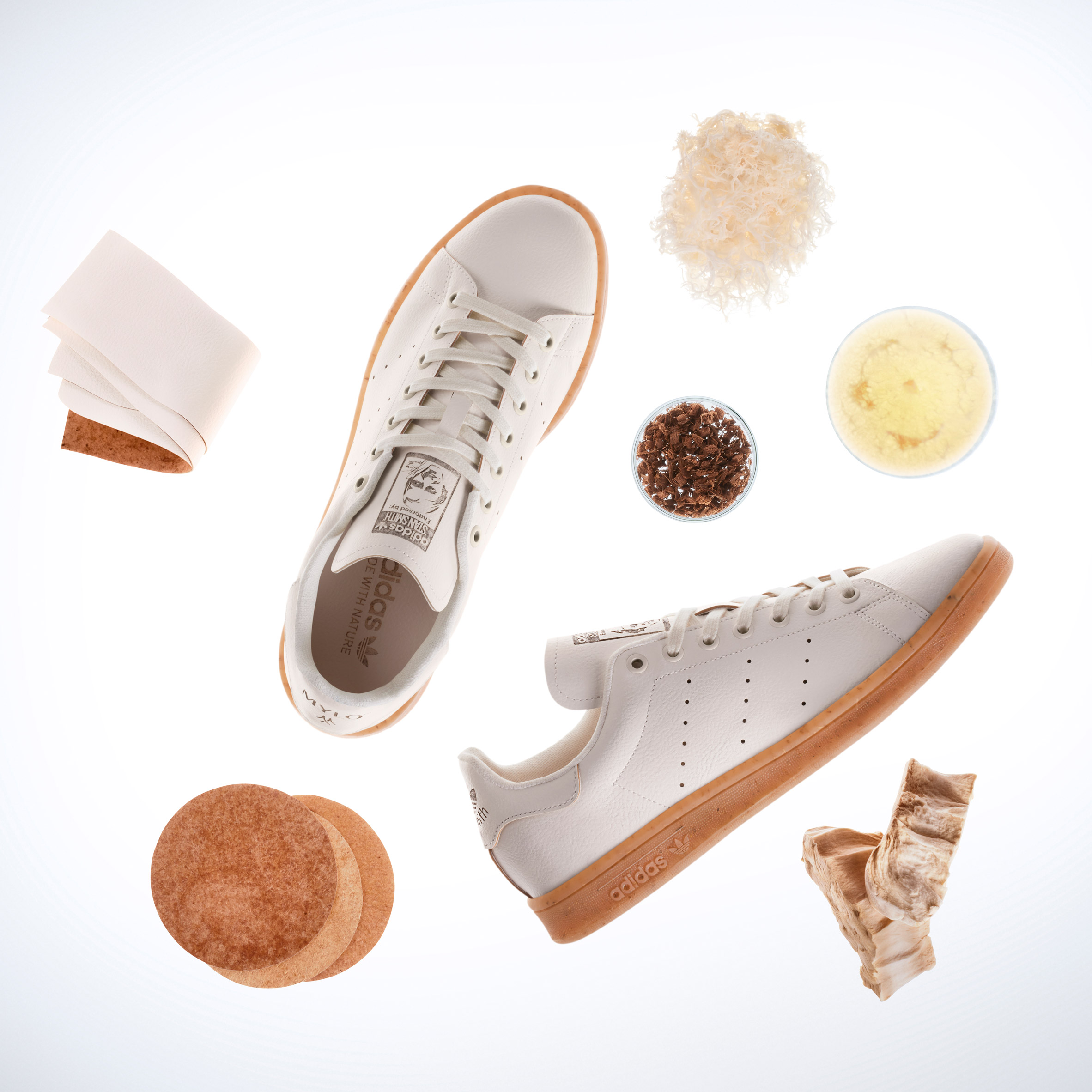 Adidas Stan Smiths made from Mylo mycelium leather around ingredients