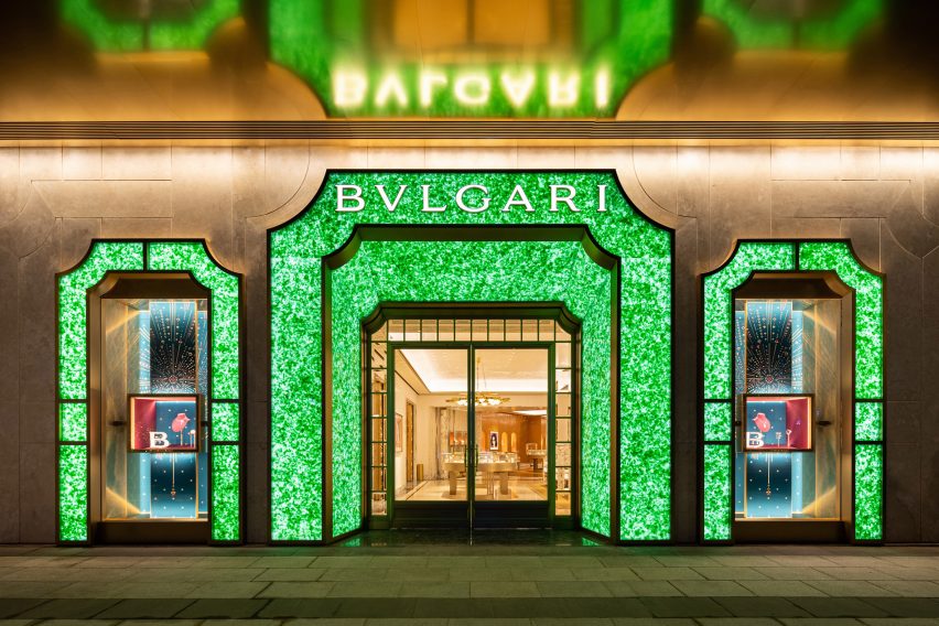 Bulgari facade of recycled champagne bottles