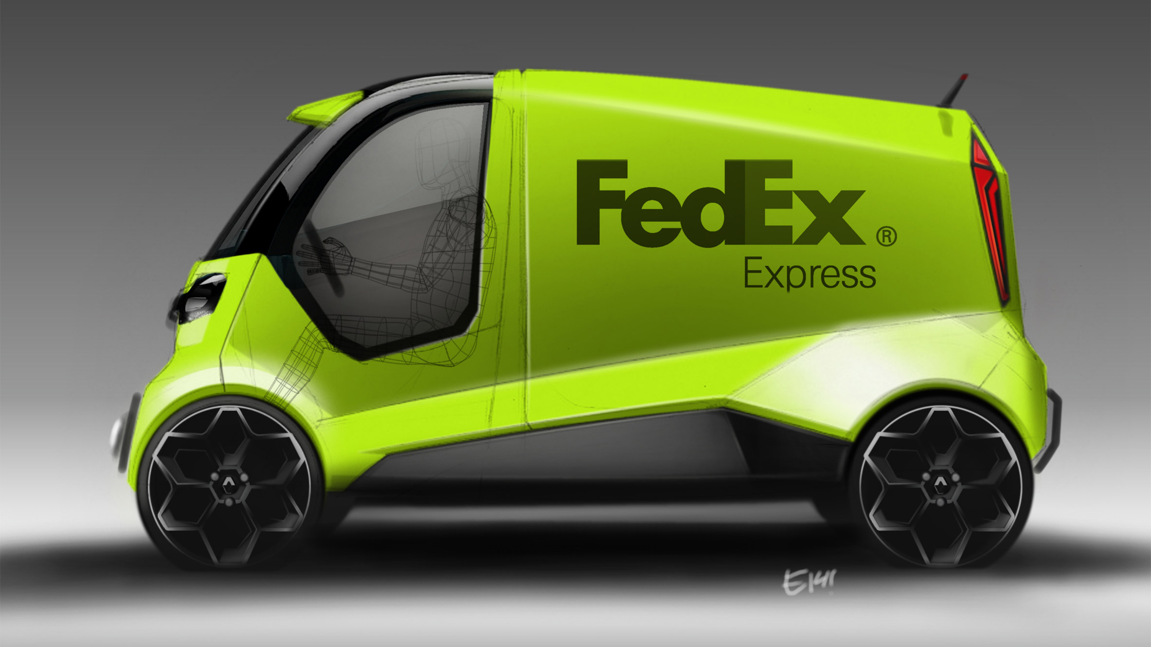 A green FedEx Express van against a grey background