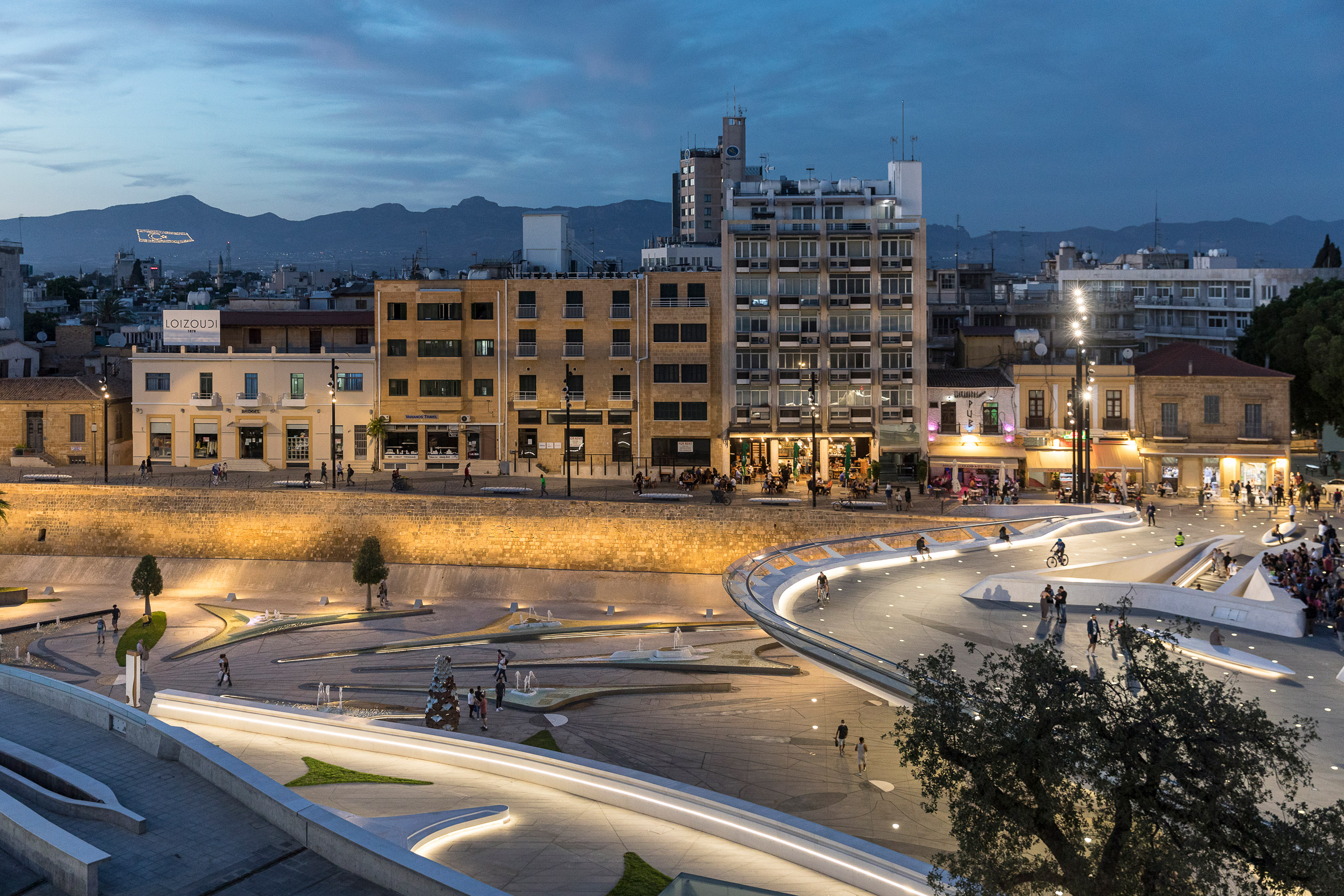 Night view of Eleftheria Square by Zaha Hadid Architects