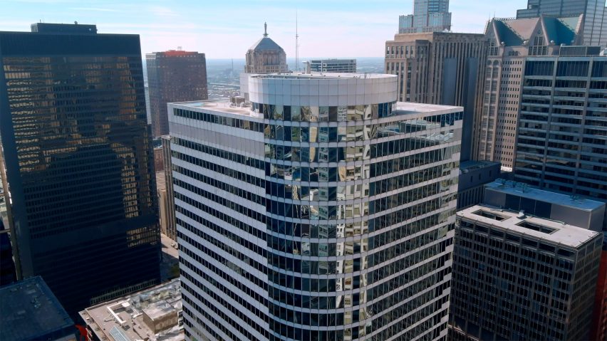 Drone photo of the top of the Xerox Center in Chicago