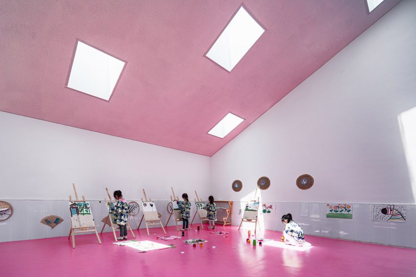 Pink ceilings and walls inside a kindergarten