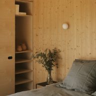 Cabin with plywood-lined interior