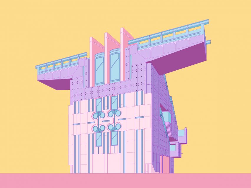 Shin Takamatsu's Syntax building illustrated in purple, pink and blue against a yellow background