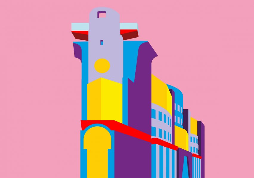 No 1 Poultry building illustrated by simple block shapes and colors