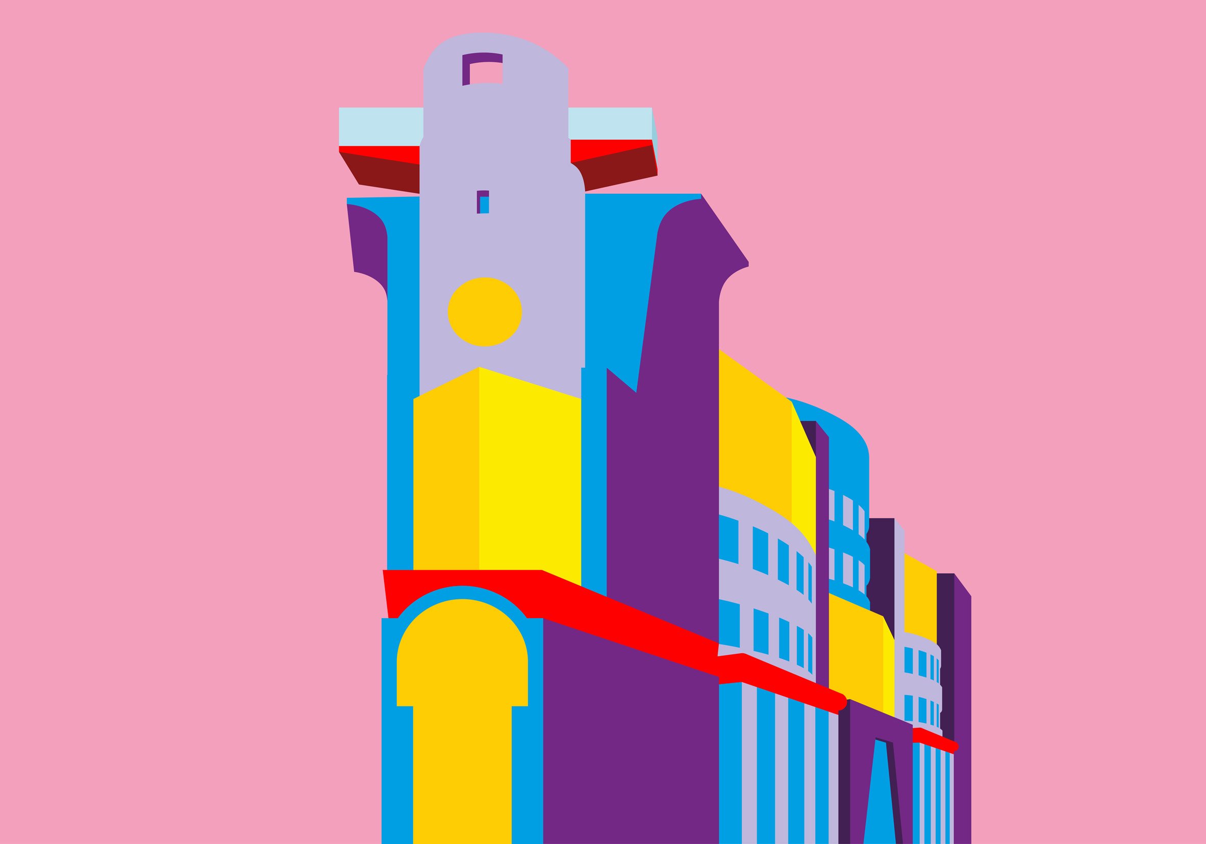 No 1 Poultry building illustrated in simple block shapes and colours
