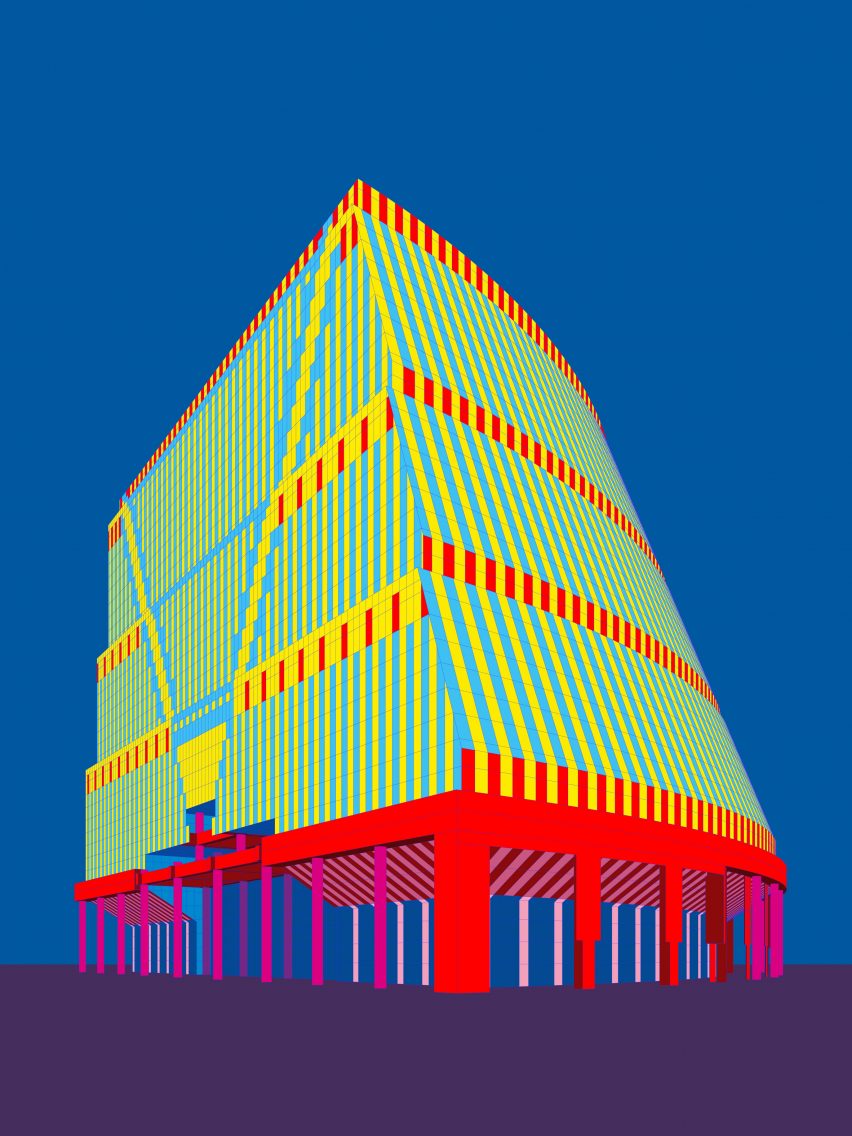 Helmut Jahn's James R Thompson Centre illustrated with yellow, red and blue lines forming the facade