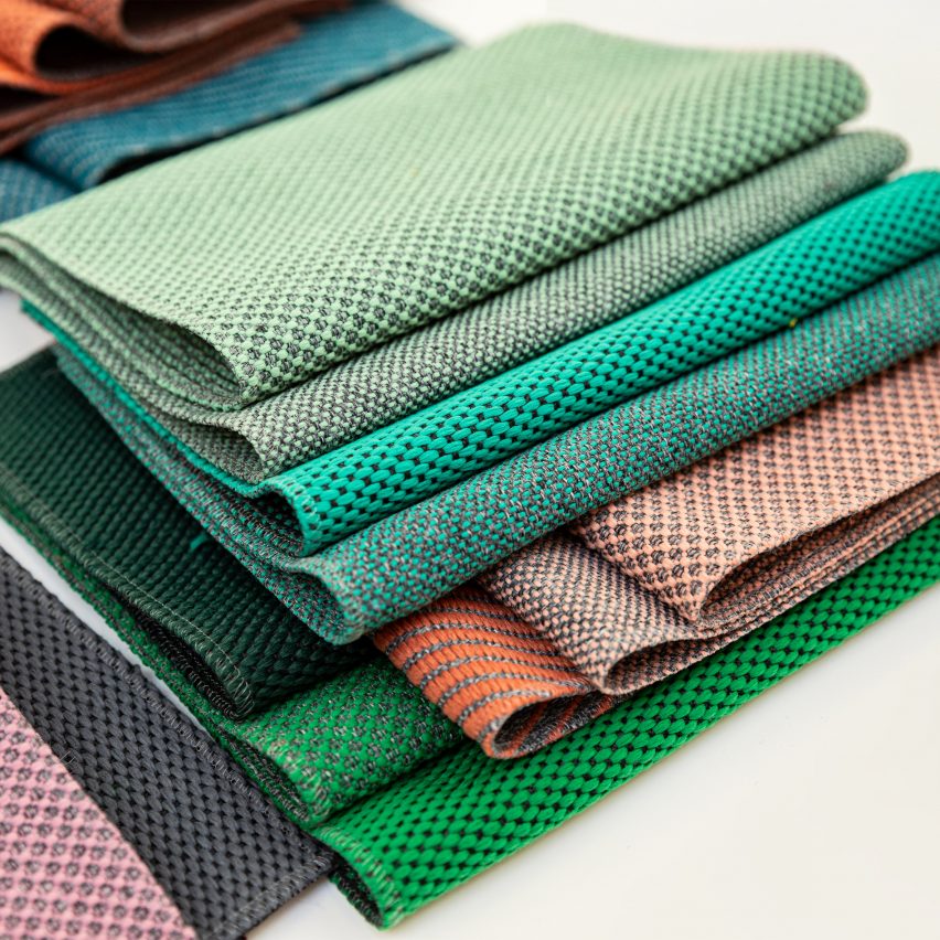 A photograph of samples of Vescom's recylced PET upholstery in different colours