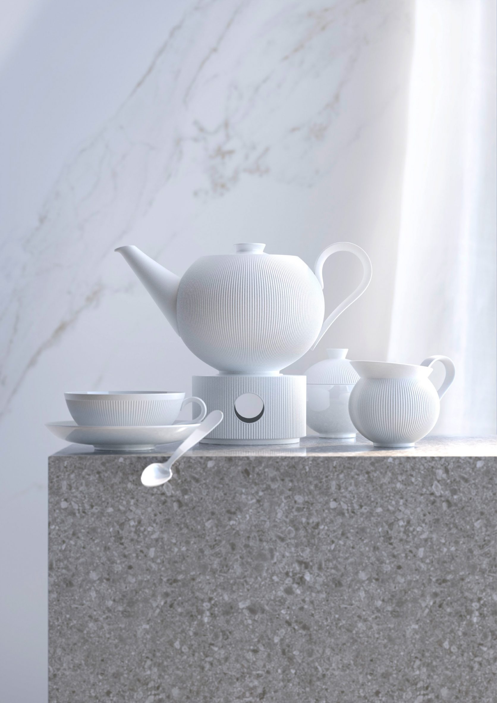 A photograph of the white Stella tableware series by Sieger Design for Fürstenberg