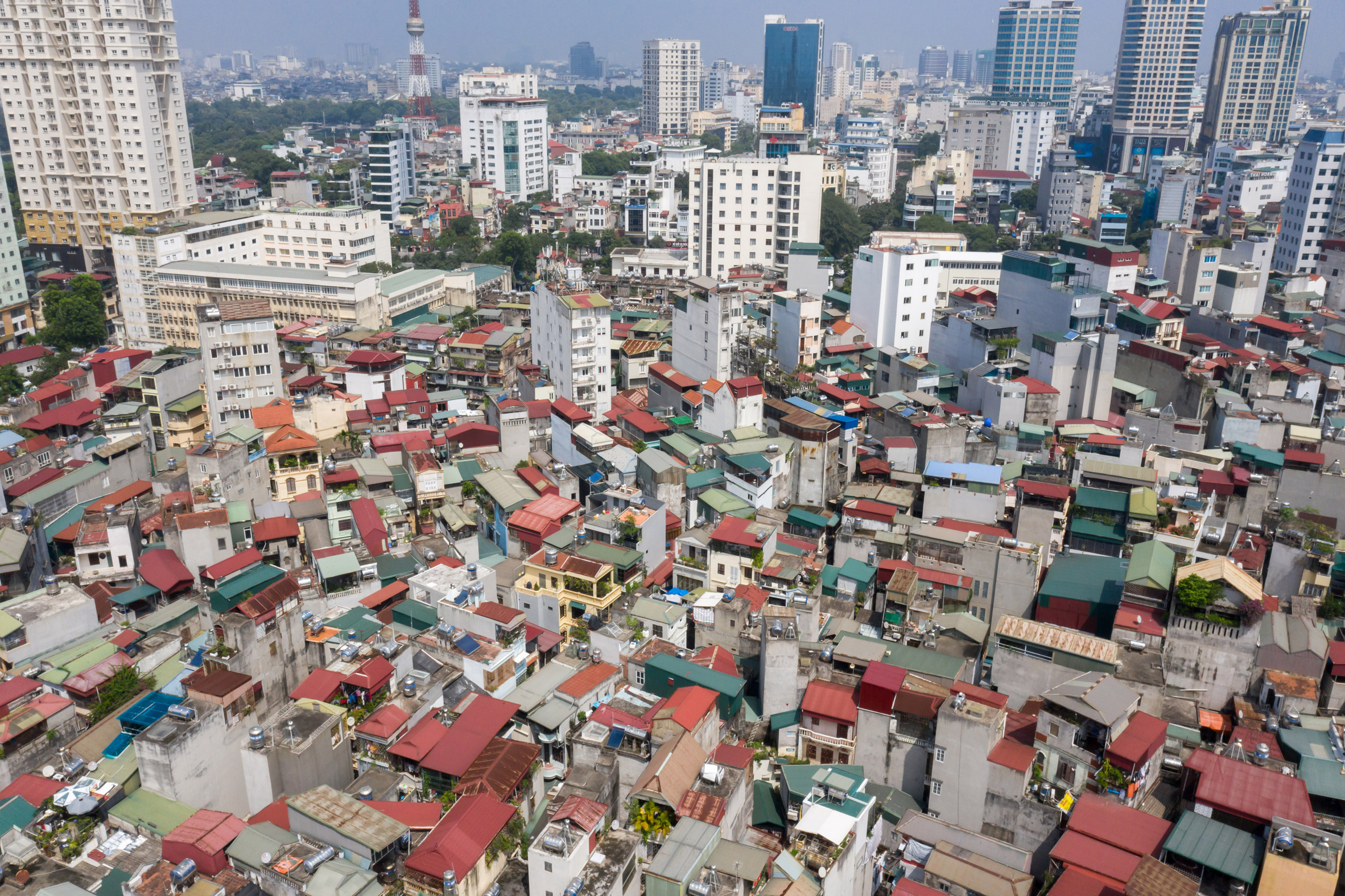 Aerial drone view of neighbourhood in Hanoi
