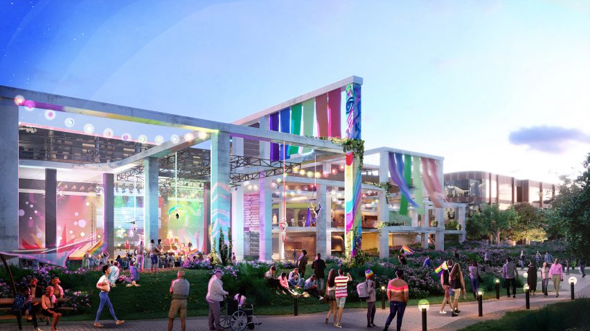 Rendering of a concert taking place within the colourful preserved ruins of the Broadmarsh shopping centre at dusk