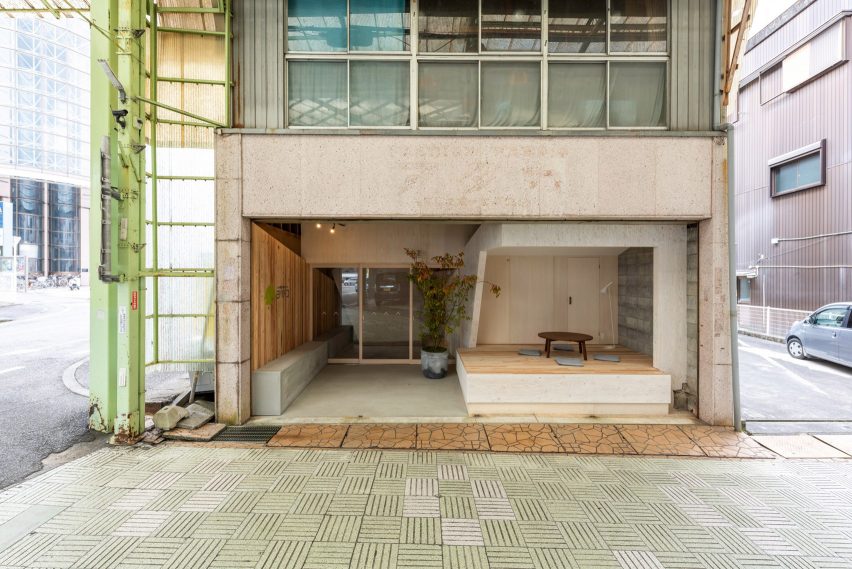 Recessed facade with plywood meeting room in Yoridoko employment centre by Td-Atelier