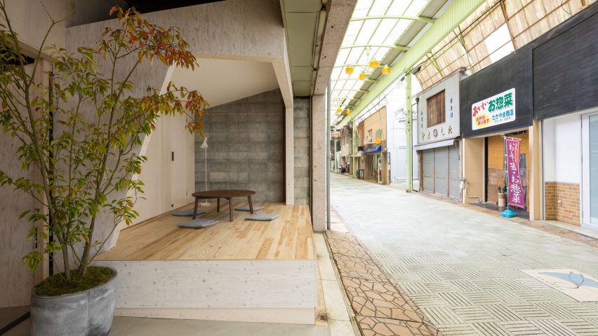 Recessed facade with plywood meeting room in Yoridoko employment centre by Td-Atelier