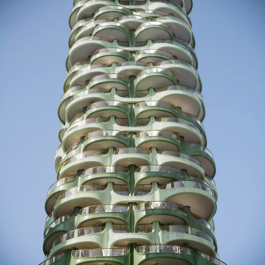Tower with curved green balcony