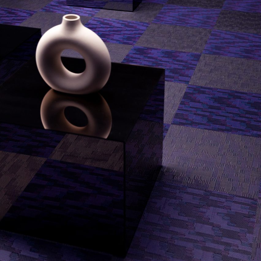 A photograph of Truly, Bolon's new flooring featuring bold patterns in purple