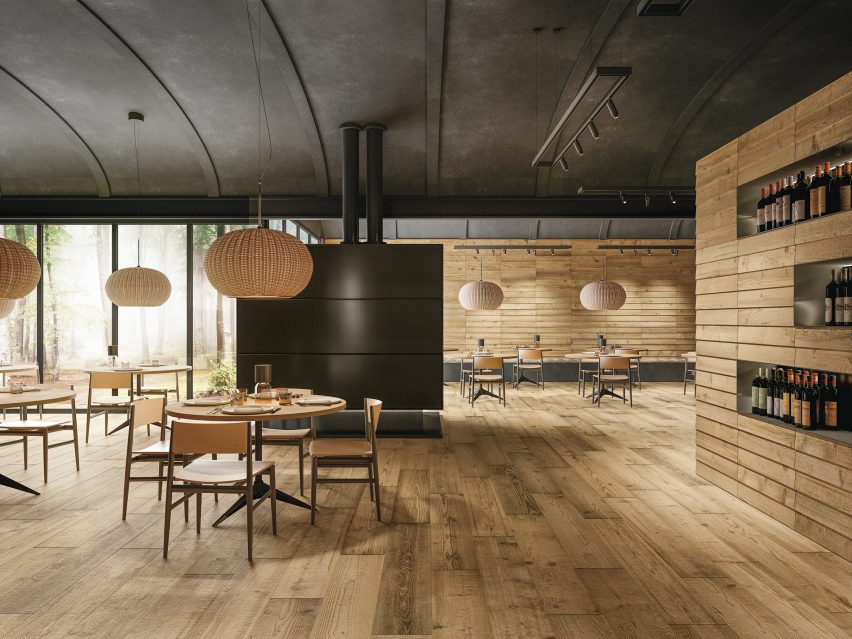 The Cortina ceramic tile collection, which look like wooden planks