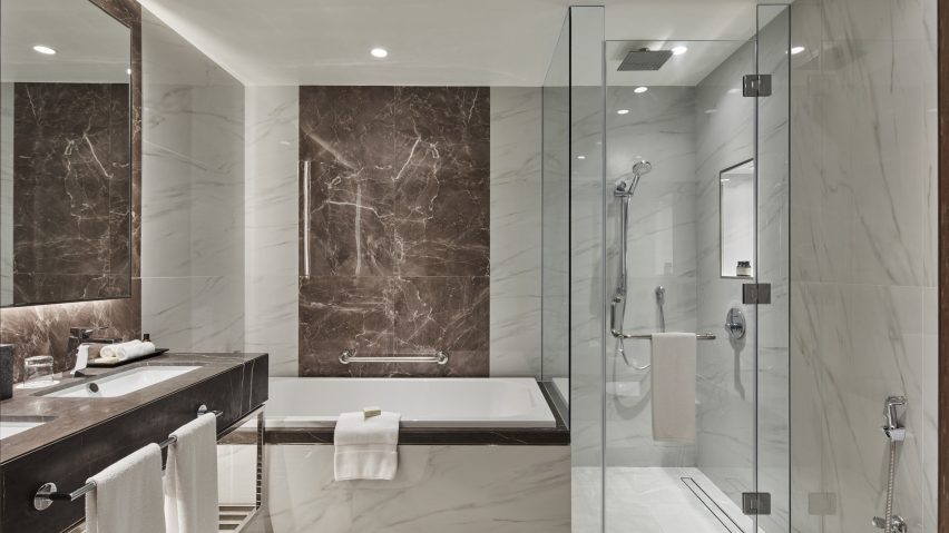 A photograph of a bathroom within one of the Fairmont Dubai's rooms