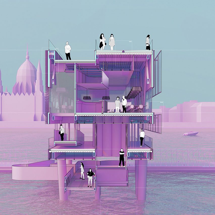 A purple architectural illustration 
