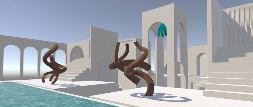 A visualisation of an open space with a pool and root-like sculptures