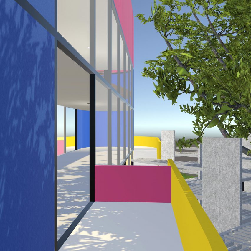 Visualisasi bangunan berwarna-warni dengan pohon di sebelahnya
