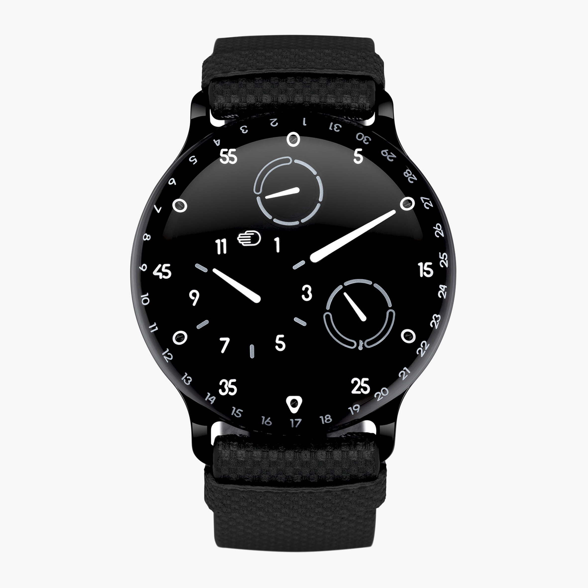 A photograph of the black Ressence watch with honeycomb strap