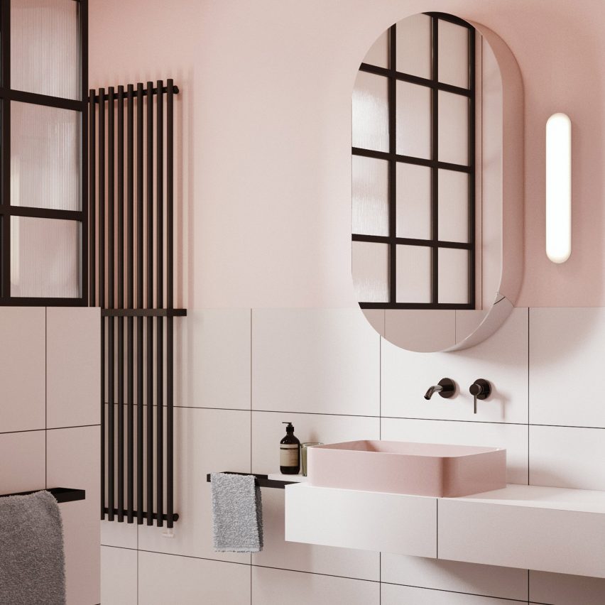 Altea wall light by Astro used in a pink bathroom