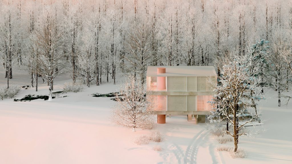 Andrés Reisinger designs virtual modernist house in frosty metaverse landscape
