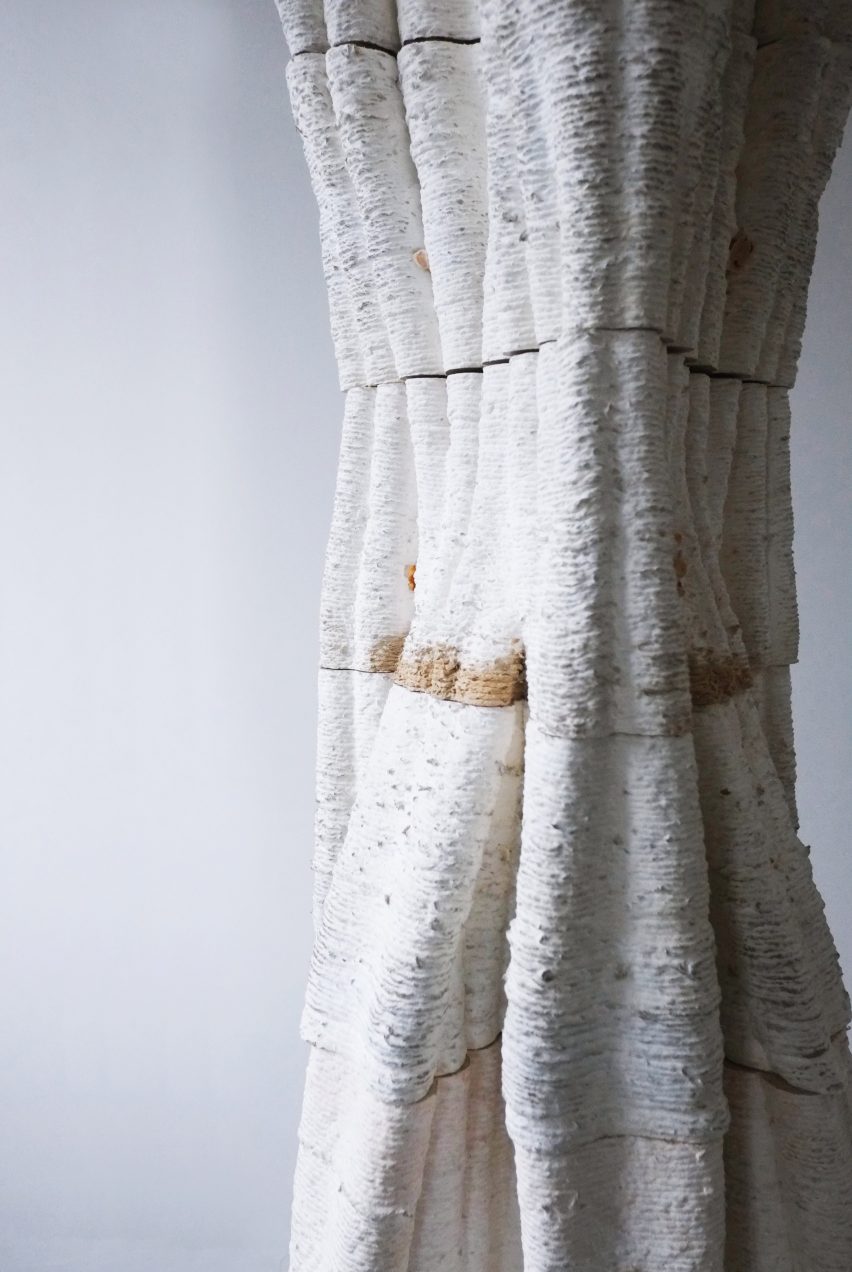 Close-up of modules of 3D-printed Tree Column made from mycelium