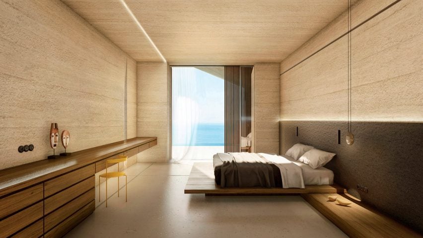 Render of a concrete-walled bedroom