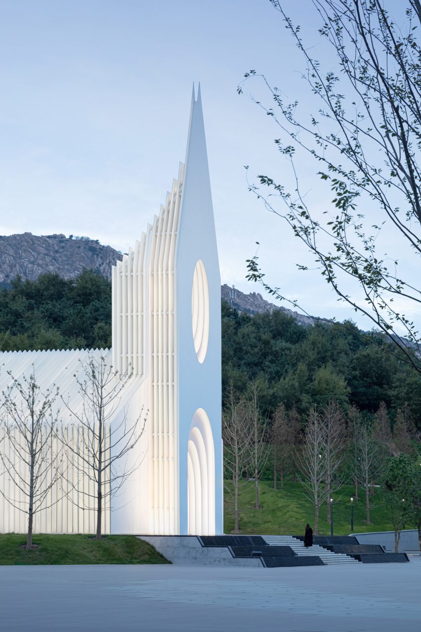 White church made from sliced arches