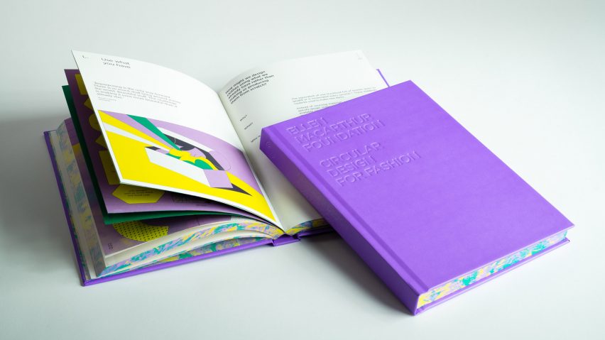 Ellen MacArthur Foundation Circular Fashion Book with all-purple cover shown both closed and open