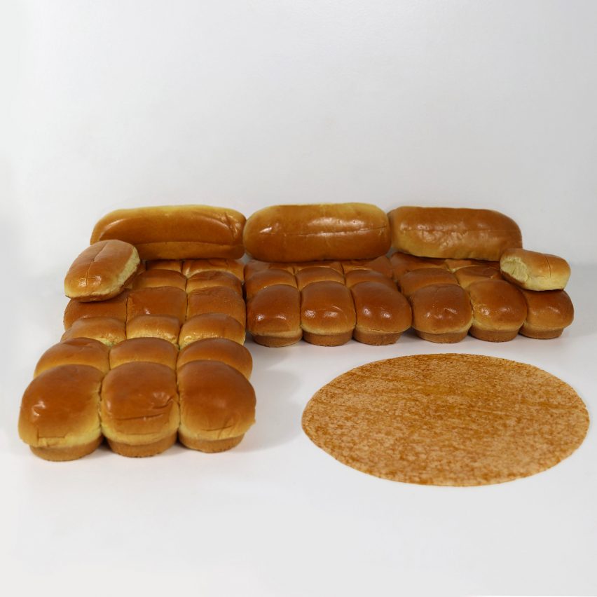 Camaleonda sofa made from bread rolls in front of circular brown rug