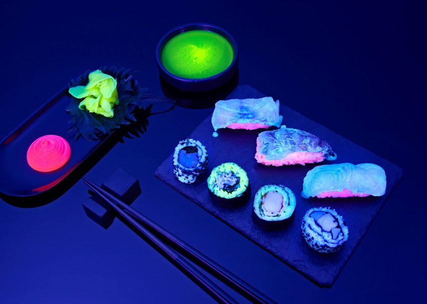 Sushi, sauces and chopsticks at Glow-in-the-Dark Sushi bar by Bompas & Parr