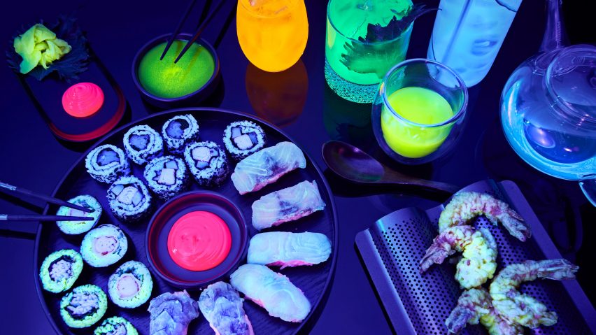 Sushi platter and cocktails at Glow-in-the-Dark Sushi bar by Bompas & Parr